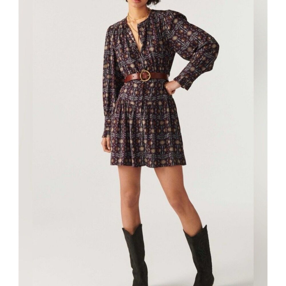 ba&sh Tracy Mini Dress Womens US 2 Parisian Liedevin Purple Floral Print Prairie
